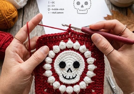 Red Sugar Skull Crochet Granny Square – Step-by-Step Halloween Crochet Pattern