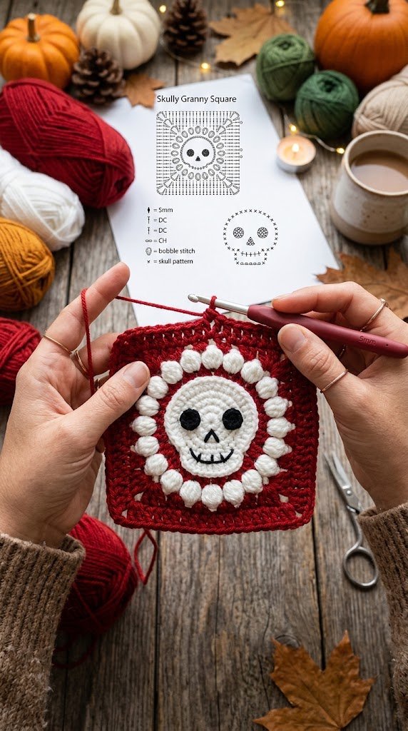 Red Sugar Skull Crochet Granny Square – Step-by-Step Halloween Crochet Pattern