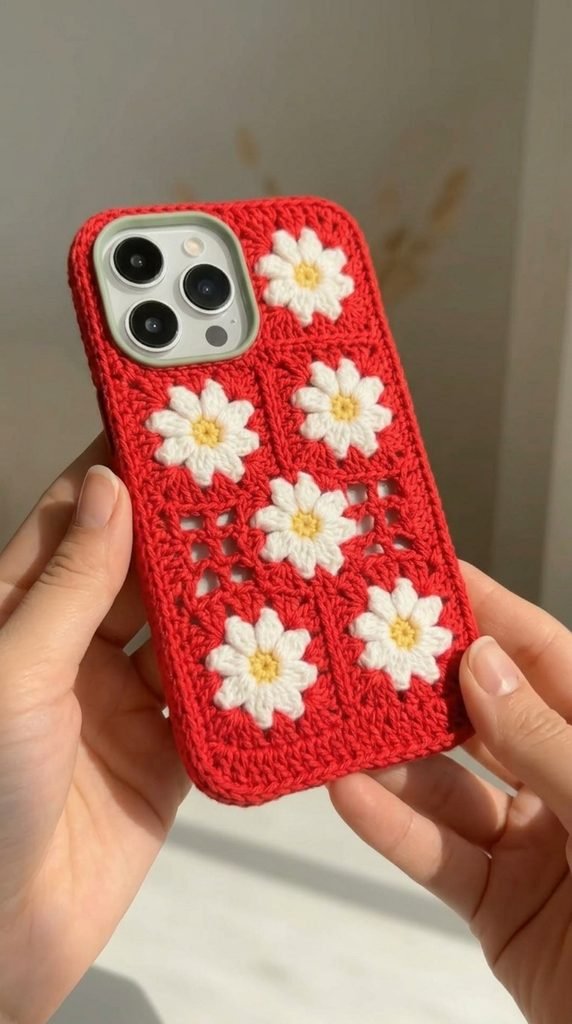 Crochet iPhone 18 Pro Max Case with Floral Motifs — Red Edition