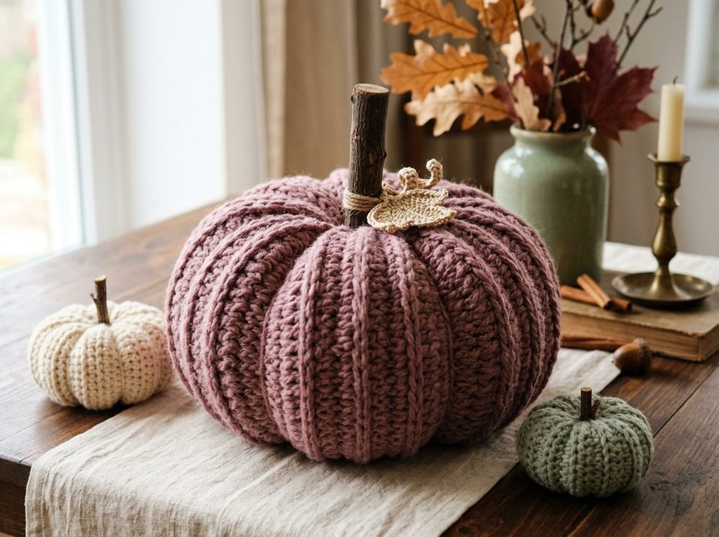 Crochet Pumpkin from a Long Ribbed Strip: A Dusty Rose Fall Centerpiece