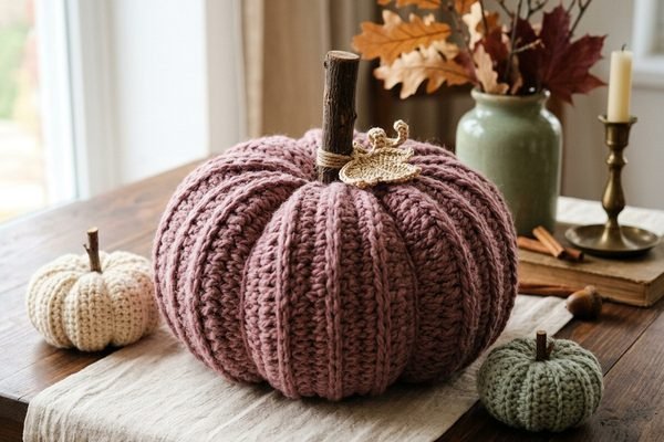 Crochet Pumpkin from a Long Ribbed Strip: A Dusty Rose Fall Centerpiece