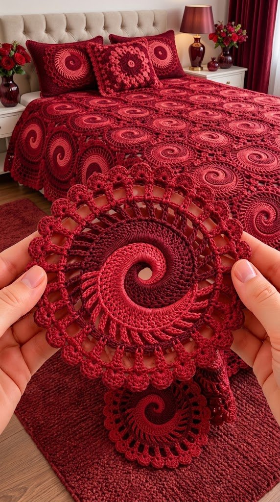Luxury Light Red and Red Spiral Crochet Blanket Pattern