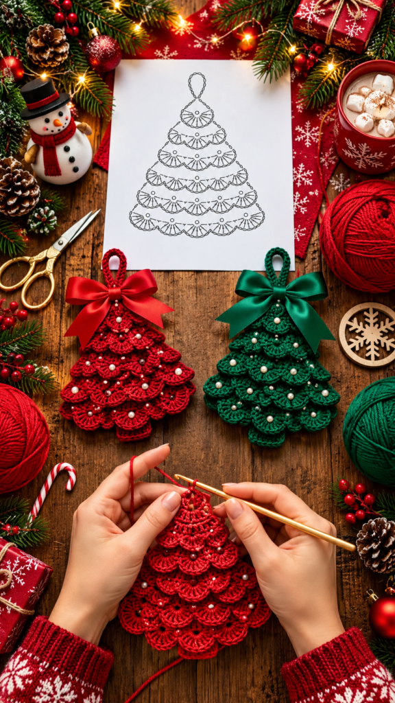 Elegant Ruffled Crochet Christmas Tree Ornaments in Red and Green