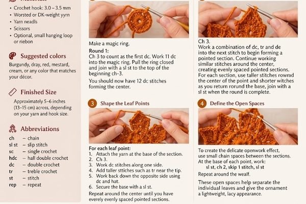 How to Crochet an Orange Maple Leaf Snowflake Ornament (Free Pattern)