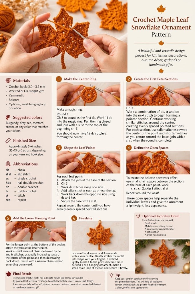How to Crochet an Orange Maple Leaf Snowflake Ornament (Free Pattern)