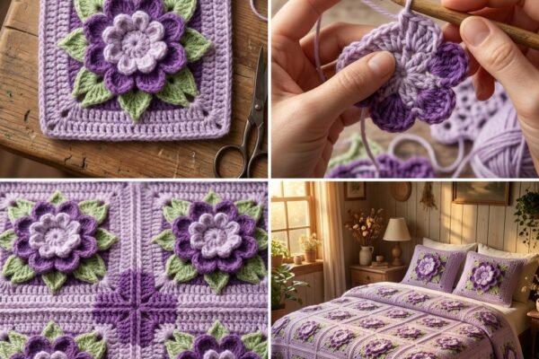 Floral Bloom Granny Square Bedspread & Pillow Shams Pattern