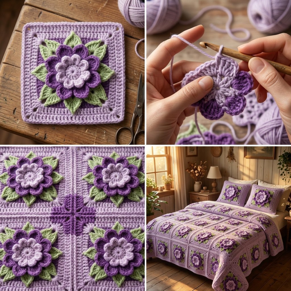 Floral Bloom Granny Square Bedspread & Pillow Shams Pattern