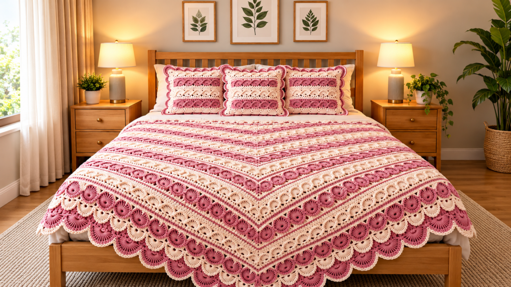 Elegant Pink and Ivory Crochet Bedspread with Layered Scalloped Border
