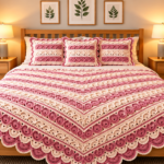 Elegant Pink and Ivory Crochet Bedspread with Layered Scalloped Border