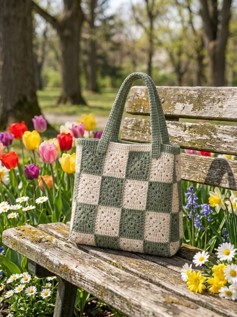 Crochet Checkerboard Granny Square Tote Bag – Sage Green & Ivory