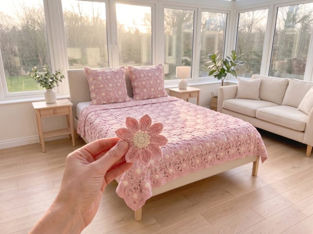 Soft Pink Daisy Bedspread & Pillow Sham Set: Free Crochet Pattern