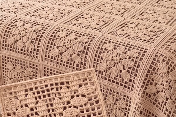 Cozy Chic Crochet Bedspread: Light Coffee Floral Motif Pattern