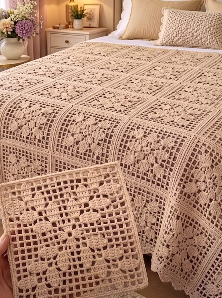 Cozy Chic Crochet Bedspread: Light Coffee Floral Motif Pattern