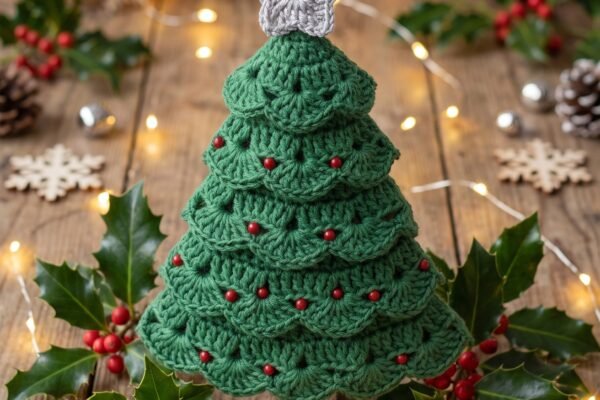 Crochet Scalloped Christmas Tree Ornament Pattern – Green Tree with Silver Edging