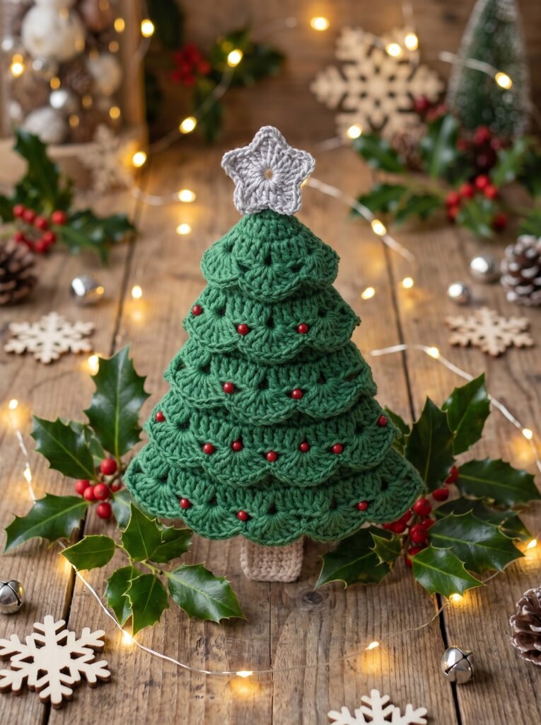 Crochet Scalloped Christmas Tree Ornament Pattern – Green Tree with Silver Edging